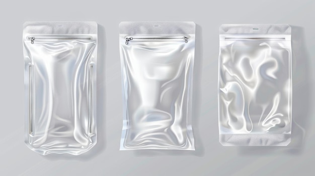 Een leeg doorzichtig plastic zakmodel met een ritskast Moderne illustratie set voor een doorzichtige doorzichtige zak met ritszak Nylon zakzak zak Vinyl pakket met slot voor voedsel of snoep