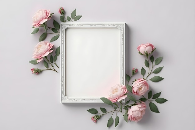 Een leeg frame met roze rozen erop