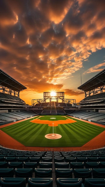 Een leeg honkbalstadion bij zonsondergang