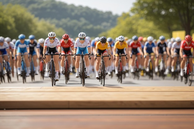 Een leeg houten bord met een afgebroken fietswedstrijd op de achtergrond