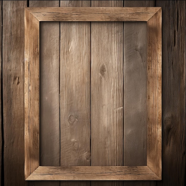 Een leeg houten frame op een houten muur.