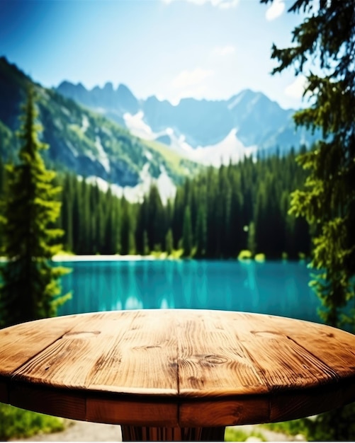 Een leeg houten tafelblad tegen een wazige bergachtergrond met zomermeren Generatieve AI