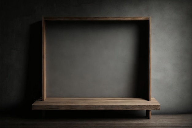 Een leeg houten tafelblad wordt omlijst door een donkere wazige betonnen muur voor het uitstallen van producten