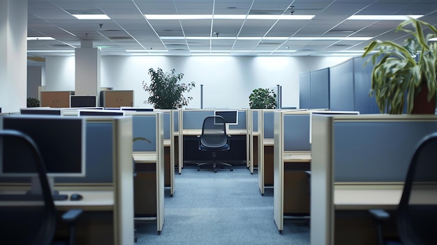 Een leeg kantoor met cabines en stoelen Het kantoor is verlicht door fluorescerende lichten en er zijn planten op de achtergrond