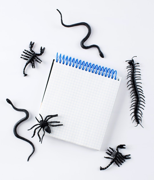 Een leeg notitieblok voor uw tekst omringd door spinfiguren slangen op een witte achtergrond halloween c...