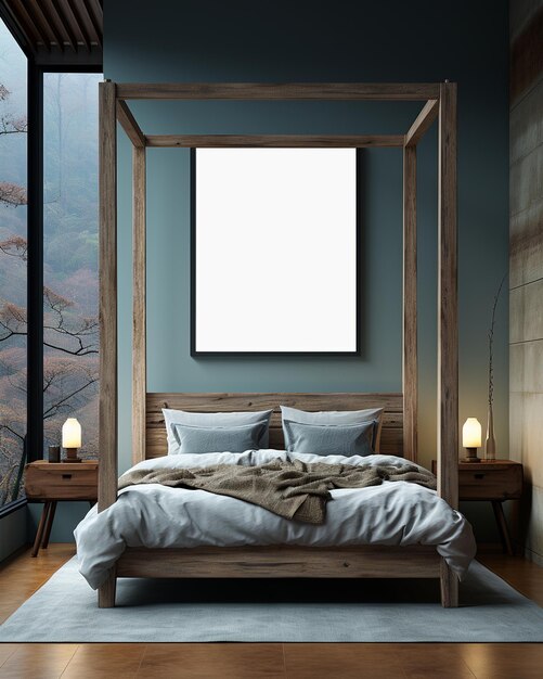 Een leeg posterframe in de slaapkamer in Zen Minimalism Style