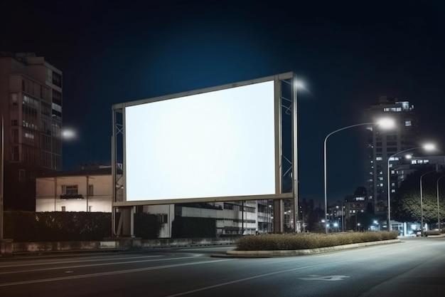 Een leeg reclamebord in een stadsstraat 's nachts