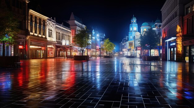 Een leeg stadsplein met neonwinkels.