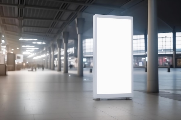 Een leeg verticaal reclamebordmodel in heldere verlichting van de luchthaven, klaar voor reclamecreativiteit