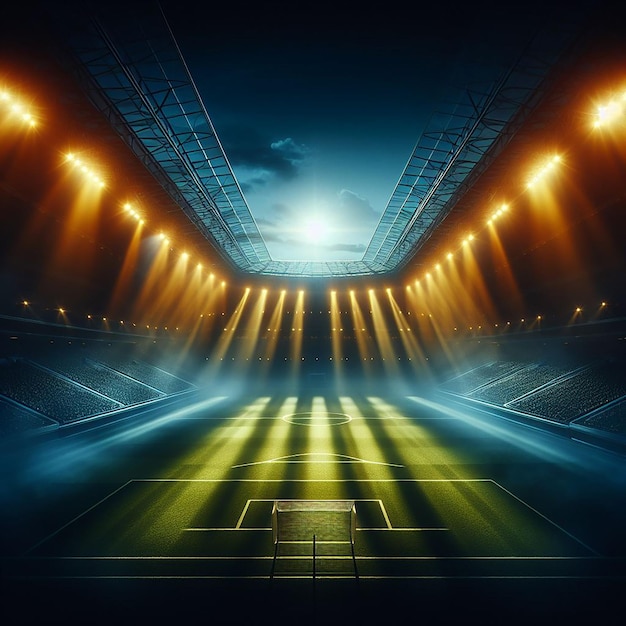 Een leeg voetbalveld verlicht met filmische verlichting creëert een sfeervolle sfeer