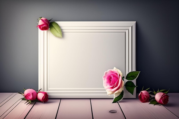 Een leeg wit frame met roze rozen erop