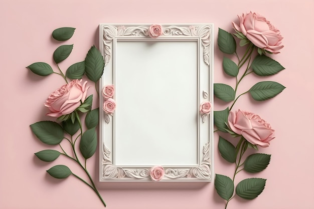 Een leeg wit frame met rozen op een roze achtergrond