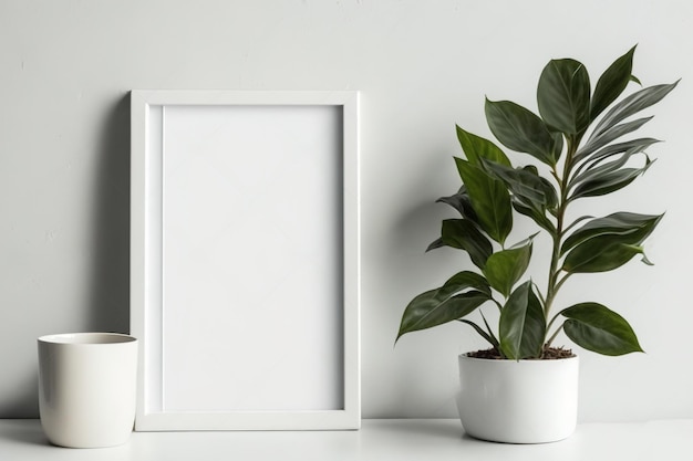 Een leeg wit houten fotolijstje en een groene kamerplant in een pot worden getoond in een mockup van een minimalistisch interieur met kopieerruimte een foto