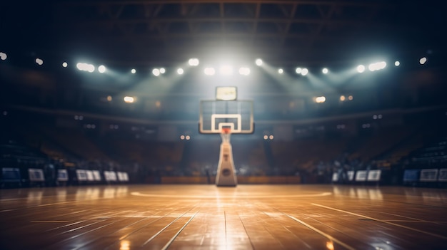 Een leegstaand basketbalstadion en een sportveld worden verlicht door schijnwerpers en fans zitten Generatieve AI