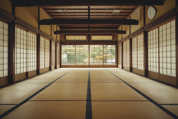 Een leegstaande kamer met traditionele tata-matten op de vloer Een traditionele Japanse lege klas met tatami-vloer AI gegenereerd