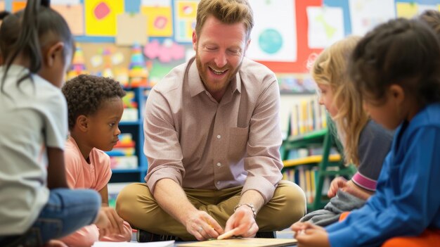 Een leerkracht van de lagere school in contact met verschillende leerlingen