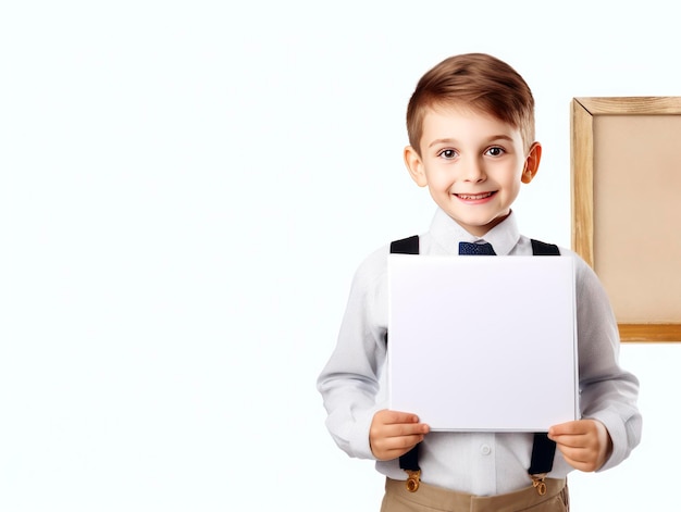 Een leerling in een klaslokaal op een basisschool houdt een bord omhoog