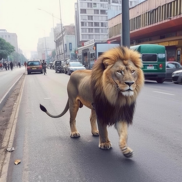 Een leeuw die door een straat in een stad loopt.