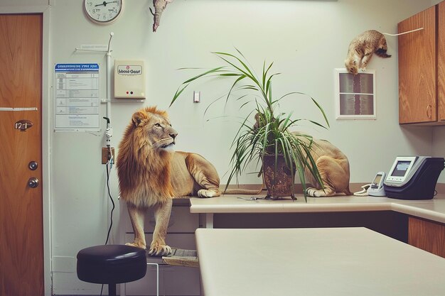 een leeuw en een leeuw zijn in een kamer met een klok aan de muur