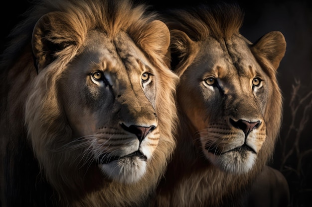 Een leeuw en een leeuwin kijken naar de camera.