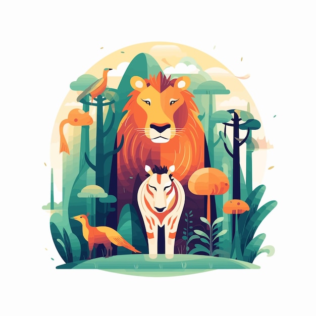 Een leeuw en een tijger in een jungle met bomen en struiken.