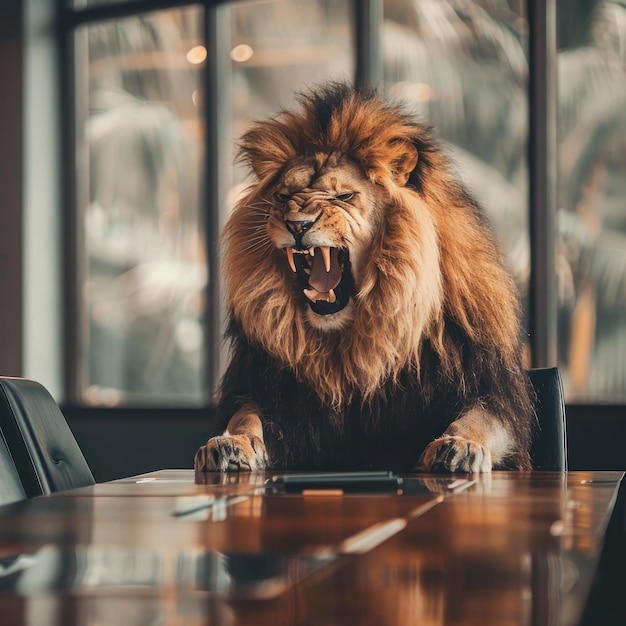 Een leeuw in de bestuurszaal presenteert brullende Bitcoin voorspellingen leiderschap in crypto-business