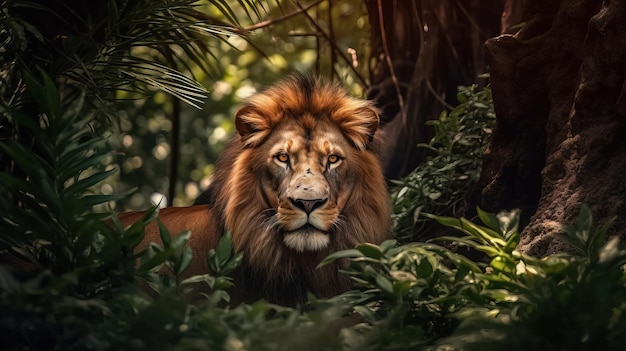 Een leeuw in de jungle met een groene achtergrond