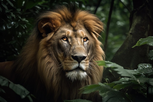 Een leeuw in de jungle met gloeiende ogen