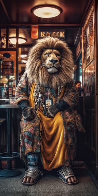 Een leeuw in een bar met een bord waarop 'de leeuw' staat