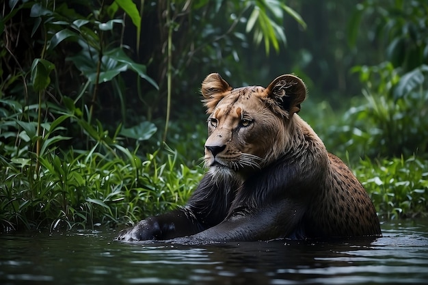 Een leeuw in het water is in de jungle.