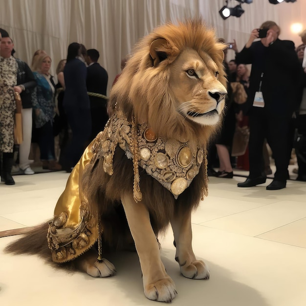 Een leeuw in kostuum zit in een kamer met mensen op de achtergrond.