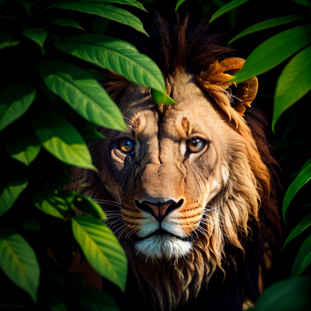 Een leeuw kijkt door het oerwoudgebladerte