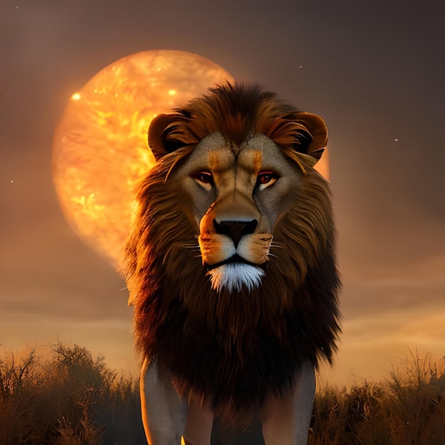 Een leeuw loopt voor een volle maan.