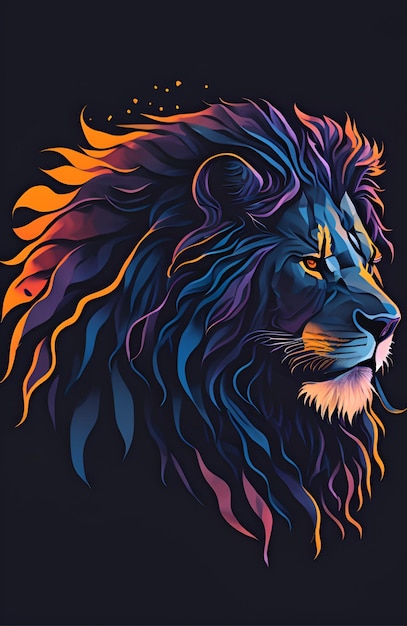 Een leeuw met blauwe manen en een zwarte achtergrond.