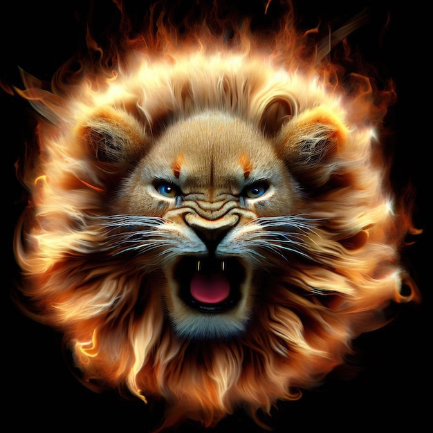 Een leeuw met een vuur op zijn gezicht