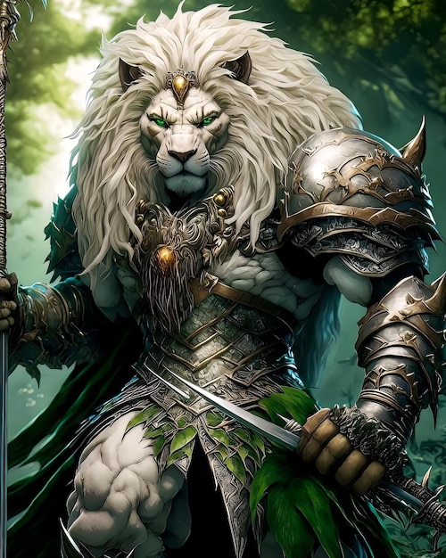 Een leeuw met een zwaard en groene ogen staat in het bos.
