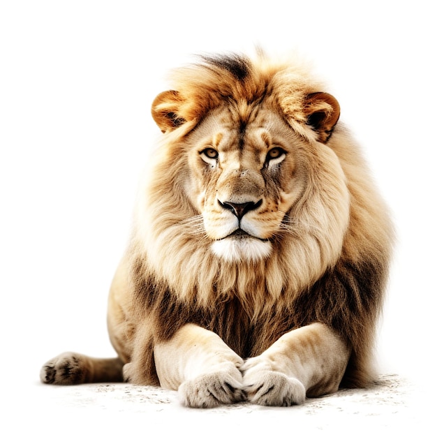 Een leeuw met lange manen en een witte achtergrond