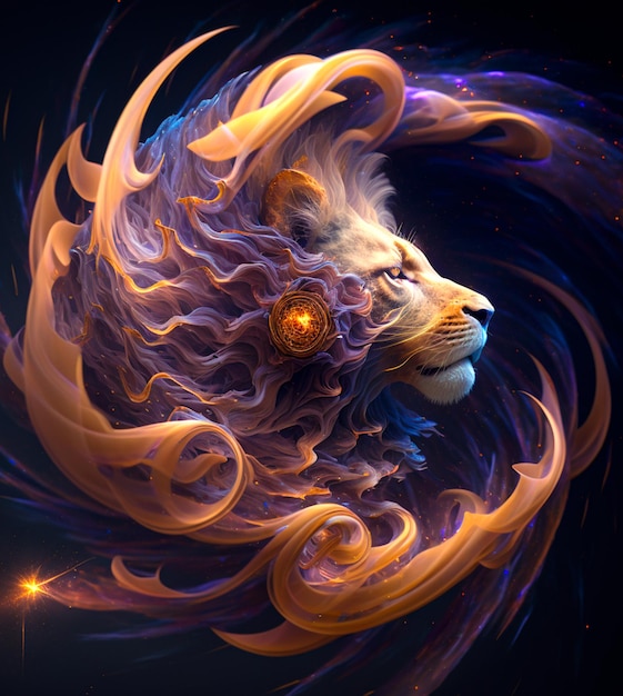 Een leeuw met manen en een gloeiend oog
