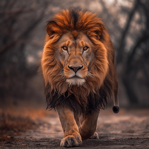 een leeuw met rode manen loopt een pad af