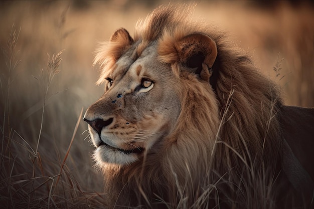 Een leeuw met weelderige manen die op het gras rusten