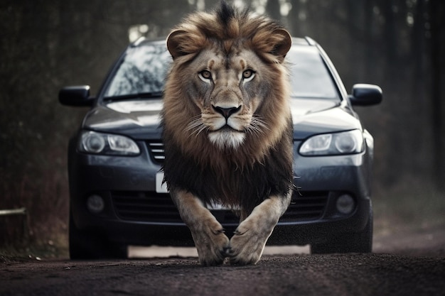 Een leeuw op een auto met op de achtergrond een auto