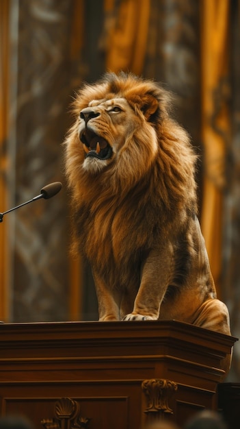 Een leeuw zit op een podium achter een microfoon.