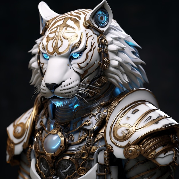 Een leeuwenbeeld met blauwe ogen en een lichaam van goud en zilver