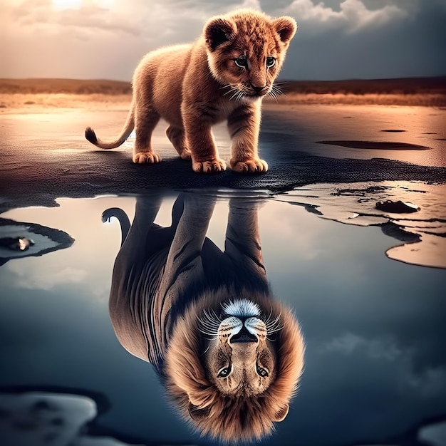 Foto een leeuwenkind wordt afgebeeld dat in het water kijkt en zijn weerspiegeling ziet net als een volwassen leeuw