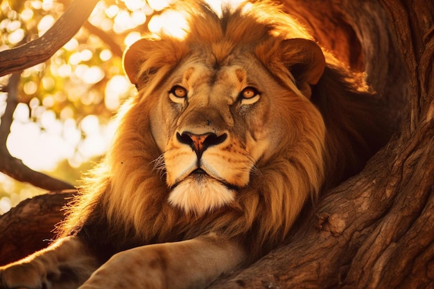 Een leeuwin rust in een boom met de zon achter zich.
