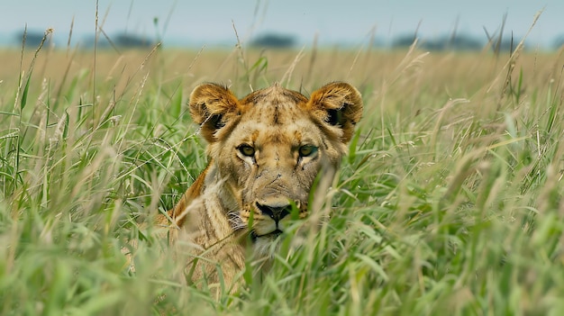 Een leeuwin verstopt zich in het hoge gras en wacht om op haar prooi te vallen. Haar ogen zijn gericht op haar doelwit en haar spieren zijn gespannen van verwachting.