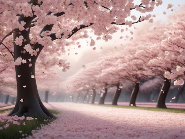 Een lege achtergrond met een serene bos van kersenbloesembomen in volle bloei met delicate roze bloemblaadjes die zachtjes op de grond vallen