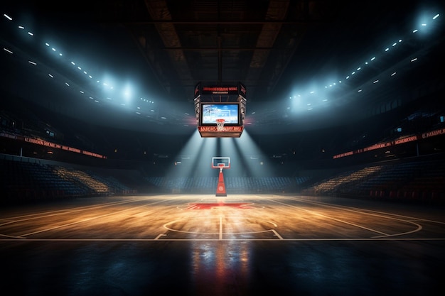 Foto een lege basketbalstadion met knipperende lichten en fan stoelen