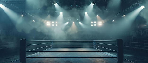 Een lege boksring in een arena met dramatische overheadverlichting