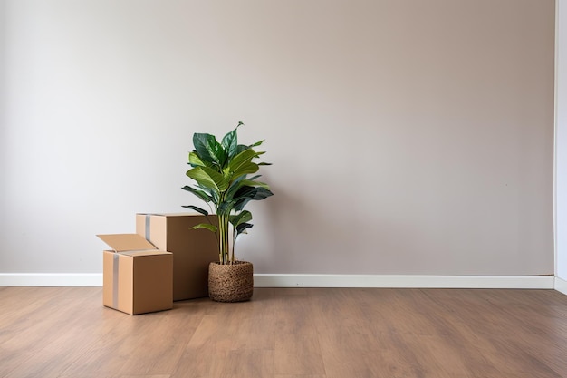 Een lege deurmat om te verhuizen en een potplant op een houten vloer